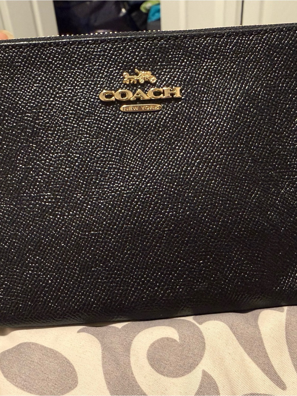 Coach Black Saffiano Leather Zip Pouch with Gold Logo